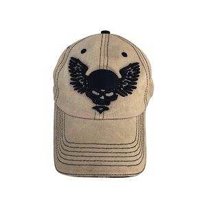 Aerial Tan Black Bold Skull With Wings Adjustable Baseball Hat Cap